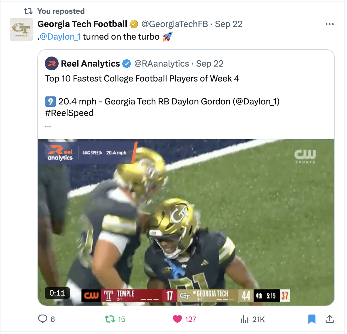 Georgia Tech Football repost of Reel Analytics Daylon Gordon 20.4 mph speed clip