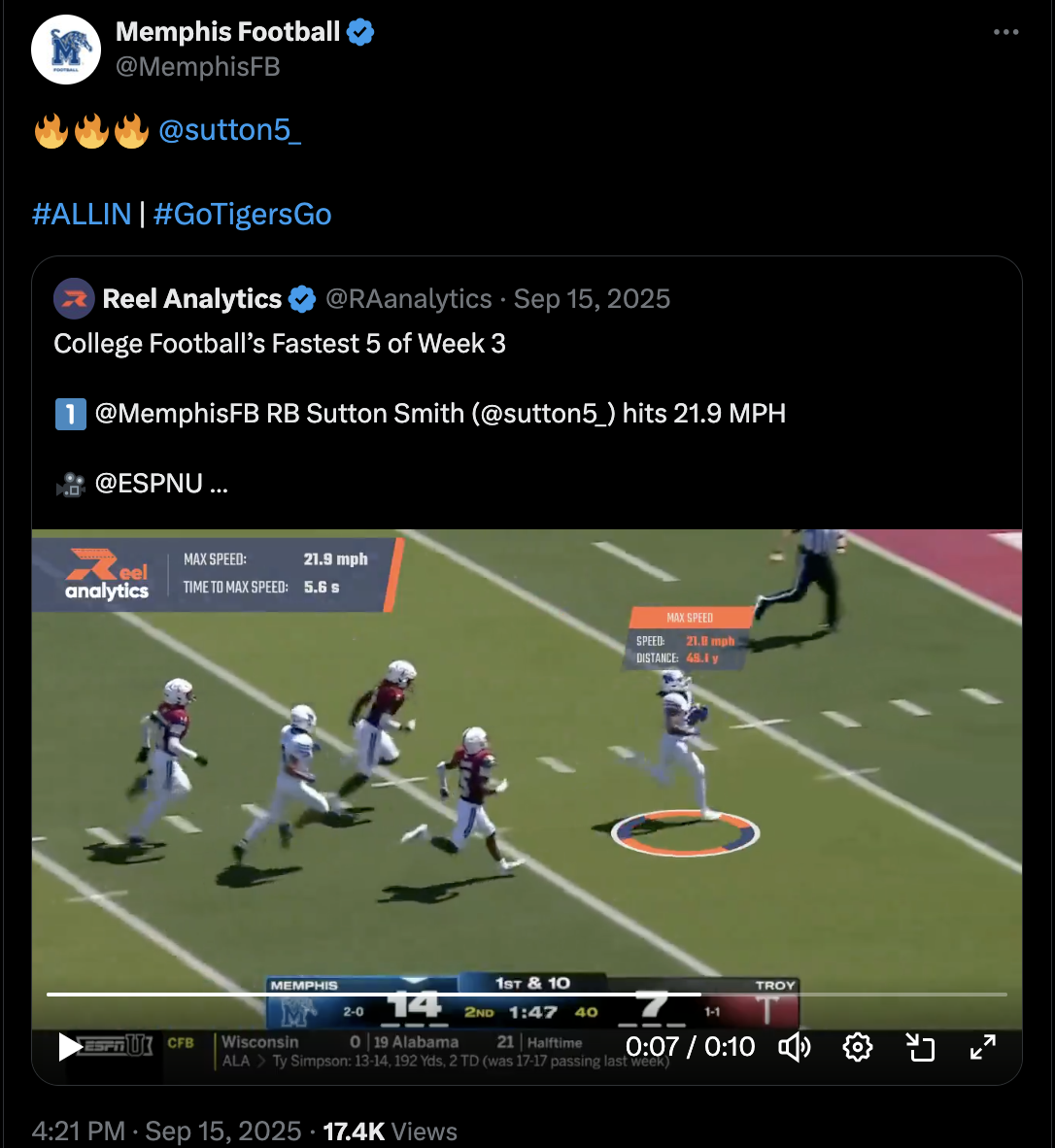 Memphis Football repost of Reel Analytics Sutton Smith 21.9 mph speed clip