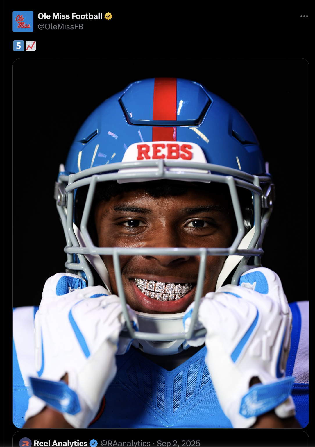 Ole Miss Football repost of Reel Analytics IGA Score